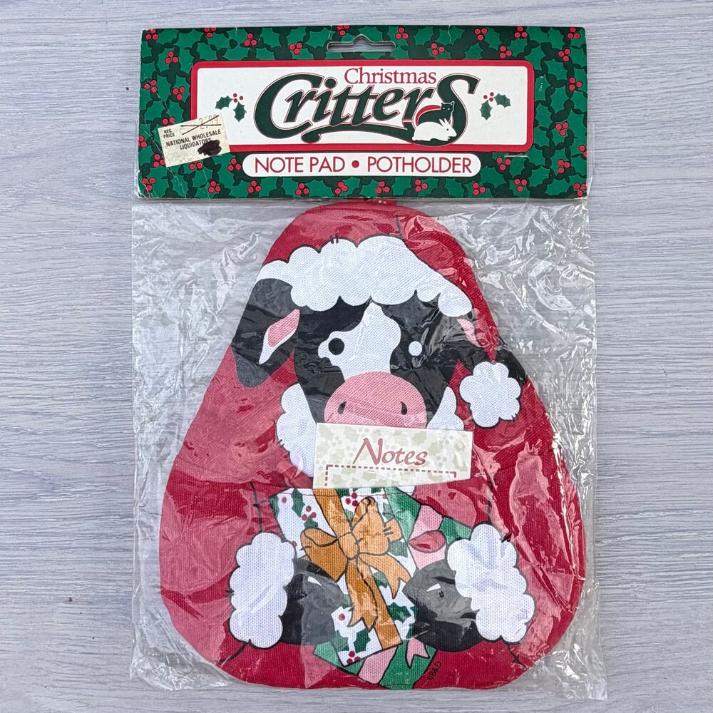 Vintage Christmas Critters Cow Potholder & Note Pad Set NOS Retro Kitchen Kitsch